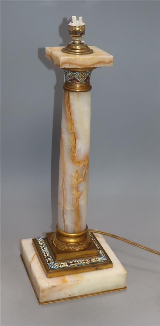 A marble column table lamp, with champleve enamelling to base height 39.5cm excluding light fittings